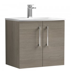 Arno Solace Oak Woodgrain 600mm Wall Hung 2 Door Vanity Unit with Curved Basin