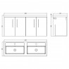 Arno Solace Oak Woodgrain 1200mm Wall Hung 4 Door Vanity Unit with Double Basin - Technical Drawing
