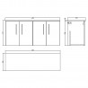 Arno Solace Oak Woodgrain 1200mm Wall Hung 4 Door Vanity Unit with Worktop - Technical Drawing