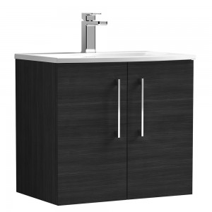 Arno Charcoal Black Woodgrain 600mm Wall Hung 2 Door Vanity Unit with Curved Basin