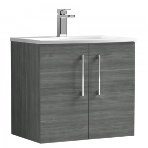 Arno Anthracite Woodgrain 600mm Wall Hung 2 Door Vanity Unit with Curved Basin