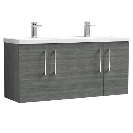 Arno Anthracite Woodgrain 1200mm Wall Hung 4 Door Vanity Unit with Double Basin