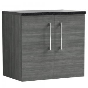 Arno Anthracite Woodgrain 600mm Wall Hung 2 Door Vanity Unit with Laminate Top