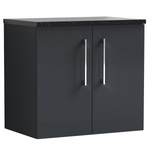 Arno 600mm Wall Hung 2 Door Vanity & Laminate Worktop - Soft Black/Black Sparkle