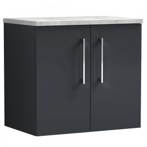 Arno 600mm Wall Hung 2 Door Vanity & Laminate Worktop - Soft Black/Bellato Grey
