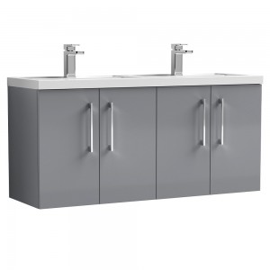 Arno 1200mm Wall Hung 4 Door Vanity & Double Polymarble Basin - Satin Grey