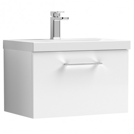 Arno Gloss White 600mm Wall Hung Single Drawer Vanity Unit with Mid-Edge Basin