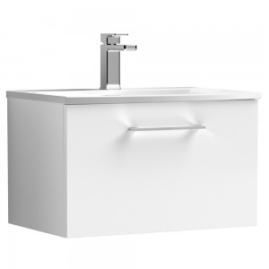 Arno Gloss White 600mm Wall Hung Single Drawer Vanity Unit with Curved Basin