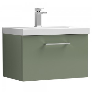 Arno Satin Green 600mm Wall Hung Single Drawer Vanity Unit with Mid-Edge Basin
