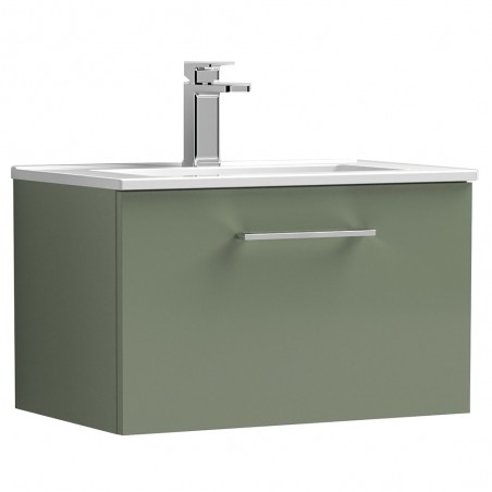 Arno Satin Green 600mm Wall Hung Single Drawer Vanity Unit with Minimalist Basin