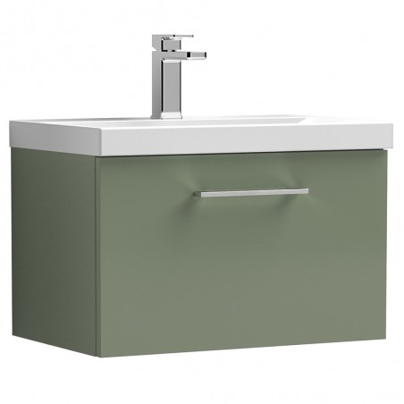 Arno Satin Green 600mm Wall Hung Single Drawer Vanity Unit with Thin-Edge Basin