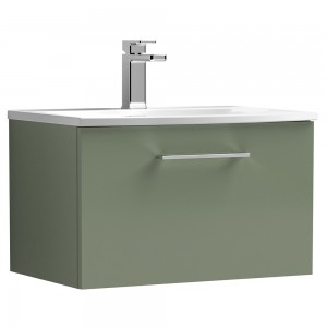 Arno Satin Green 600mm Wall Hung Single Drawer Vanity Unit with Curved Basin
