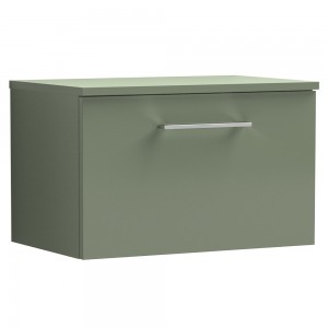 Arno Satin Green 600mm Wall Hung Single Drawer Vanity Unit with Worktop