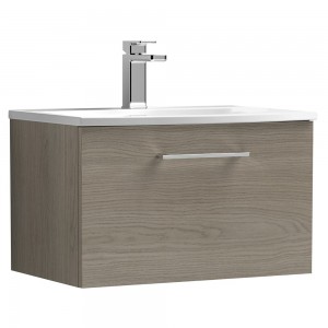 Arno Solace Oak Woodgrain 600mm Wall Hung Single Drawer Vanity Unit with Curved Basin
