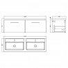 Arno Solace Oak Woodgrain 1200mm Wall Hung 2 Drawer Vanity Unit with Double Basin - Technical Drawing