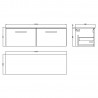 Arno Solace Oak Woodgrain 1200mm Wall Hung 2 Drawer Vanity Unit with Worktop - Technical Drawing