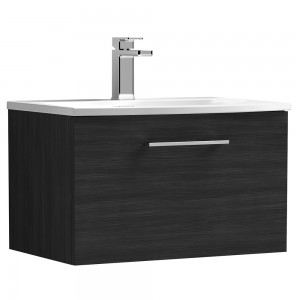 Arno Charcoal Black Woodgrain 600mm Wall Hung Single Drawer Vanity Unit with Curved Basin