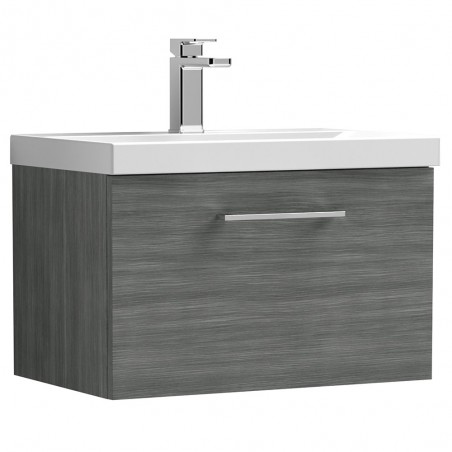 Arno Anthracite Woodgrain 600mm Wall Hung Single Drawer Vanity Unit with Thin-Edge Basin