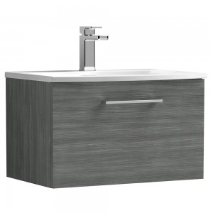 Arno Anthracite Woodgrain 600mm Wall Hung Single Drawer Vanity Unit with Curved Basin