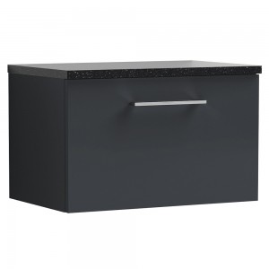Arno 600mm Wall Hung 1 Drawer Vanity & Laminate Worktop - Soft Black/Black Sparkle