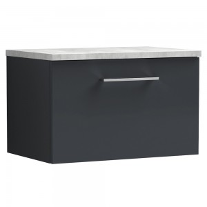 Arno 600mm Wall Hung 1 Drawer Vanity & Laminate Worktop - Soft Black/Bellato Grey