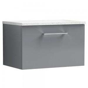 Arno 600mm Wall Hung 1 Drawer Vanity & Laminate Worktop - Satin Grey/Sparkle White