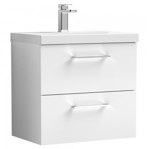Arno Gloss White 600mm Wall Hung 2 Drawer Vanity Unit with Mid-Edge Basin