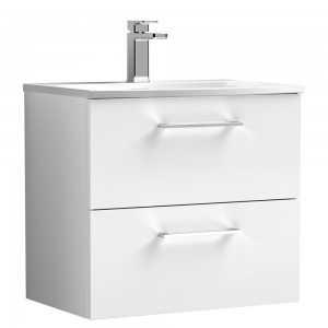 Arno Gloss White 600mm Wall Hung 2 Drawer Vanity Unit with Curved Basin