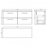 Arno Gloss White 1200mm Wall Hung 4 Drawer Vanity Unit with Worktop - Technical Drawing