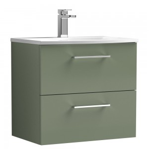 Arno Satin Green 600mm Wall Hung 2 Drawer Vanity Unit with Curved Basin