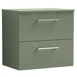Arno Satin Green 600mm Wall Hung 2 Drawer Vanity Unit with Worktop