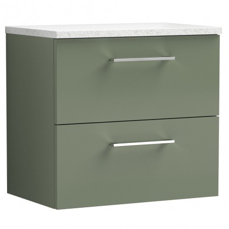 Arno Satin Green 600mm Wall Hung 2 Drawer Vanity Unit with Laminate Top