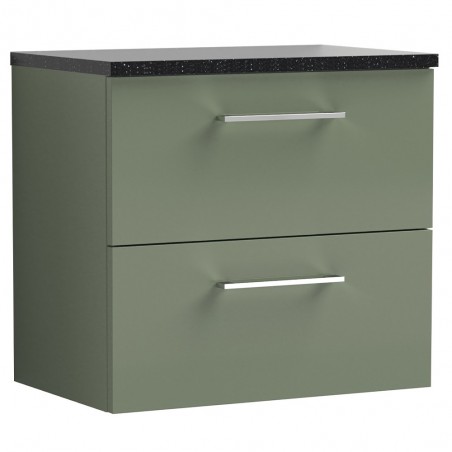 Arno Satin Green 600mm Wall Hung 2 Drawer Vanity Unit with Laminate Top