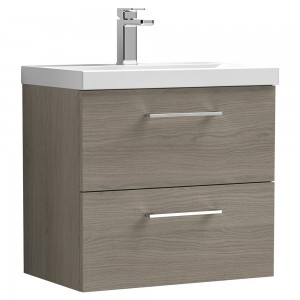 Arno Solace Oak Woodgrain 600mm Wall Hung 2 Drawer Vanity Unit with Mid-Edge Basin