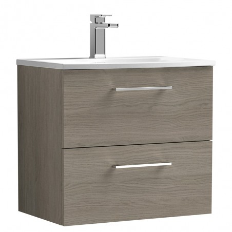 Arno Solace Oak Woodgrain 600mm Wall Hung 2 Drawer Vanity Unit with Curved Basin
