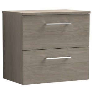 Arno Solace Oak Woodgrain 600mm Wall Hung 2 Drawer Vanity Unit with Worktop
