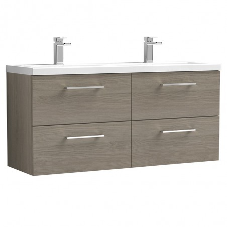 Arno Solace Oak Woodgrain 1200mm Wall Hung 4 Drawer Vanity Unit with Double Basin