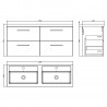 Arno Solace Oak Woodgrain 1200mm Wall Hung 4 Drawer Vanity Unit with Double Basin - Technical Drawing