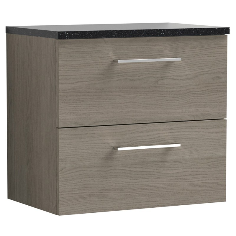 Arno Solace Oak Woodgrain 600mm Wall Hung 2 Drawer Vanity Unit with Laminate Top