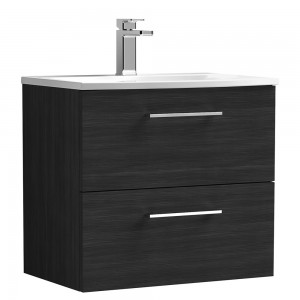 Arno Charcoal Black Woodgrain 600mm Wall Hung 2 Drawer Vanity Unit with Curved Basin