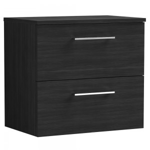 Arno Charcoal Black Woodgrain 600mm Wall Hung 2 Drawer Vanity Unit with Worktop