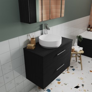 "Arno" Charcoal Black Woodgrain 600mm Wall Hung 2 Drawer Vanity Unit with Worktop