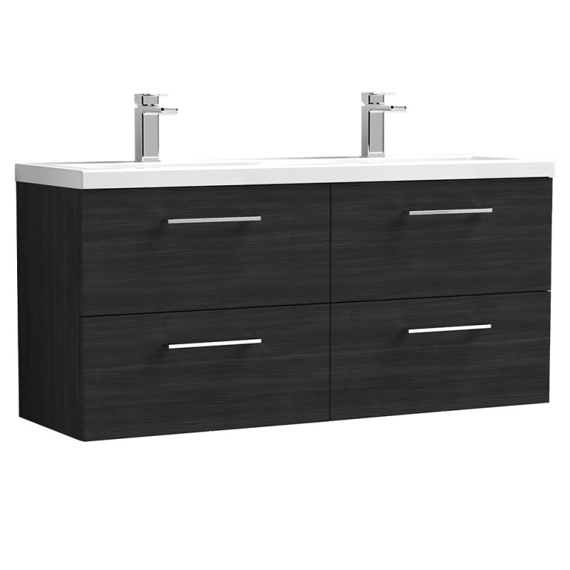 Arno Charcoal Black Woodgrain 1200mm Wall Hung 4 Drawer Vanity Unit with Double Basin
