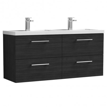 Arno Charcoal Black Woodgrain 1200mm Wall Hung 4 Drawer Vanity Unit with Double Basin