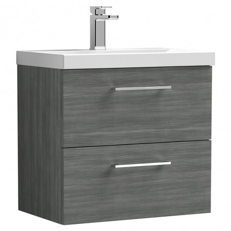 Arno Anthracite Woodgrain 600mm Wall Hung 2 Drawer Vanity Unit with Mid-Edge Basin