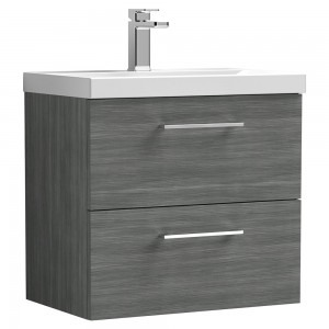 Arno Anthracite Woodgrain 600mm Wall Hung 2 Drawer Vanity Unit with Thin-Edge Basin