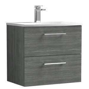 Arno Anthracite Woodgrain 600mm Wall Hung 2 Drawer Vanity Unit with Curved Basin