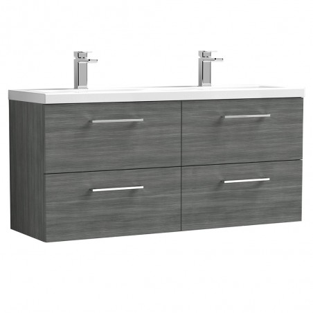 Arno Anthracite Woodgrain 1200mm Wall Hung 4 Drawer Vanity Unit with Double Basin