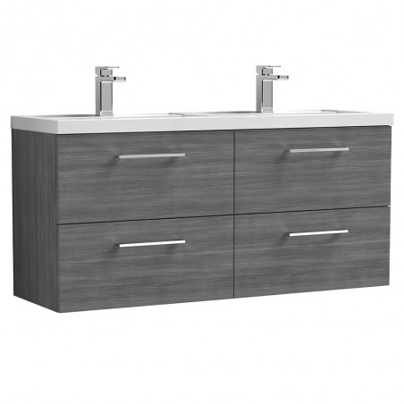 Arno Anthracite Woodgrain 1200mm Wall Hung 4 Drawer Vanity Unit with Double Basin