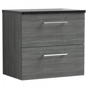 Arno Anthracite Woodgrain 600mm Wall Hung 2 Drawer Vanity Unit with Laminate Top